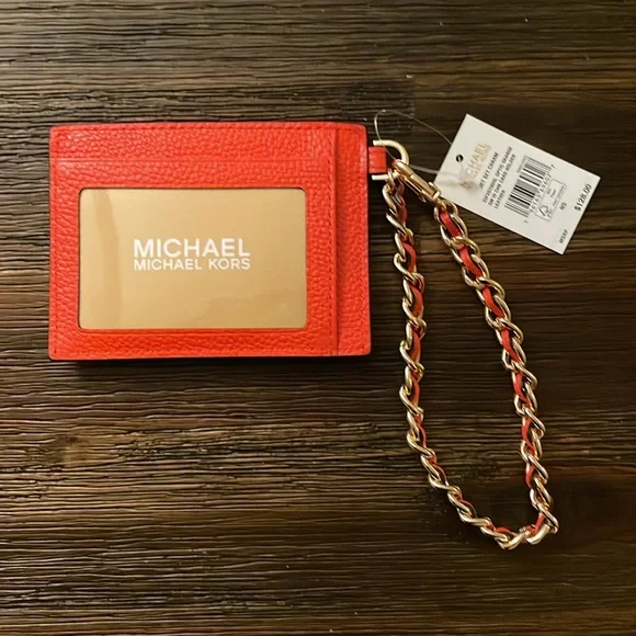 Michael Kors Small Pebbled Leather Chain Card Case Optic Orange NWT - Picture 5 of 10